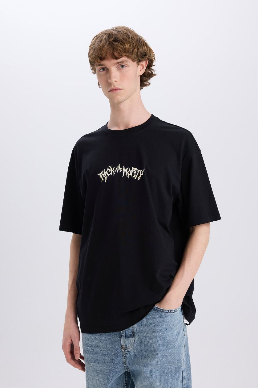 Erkek Siyah %100 Pamuk Rick and Morty Boxy Fit Bisiklet Yaka Sırt Baskılı Kısa Kollu Tişört
