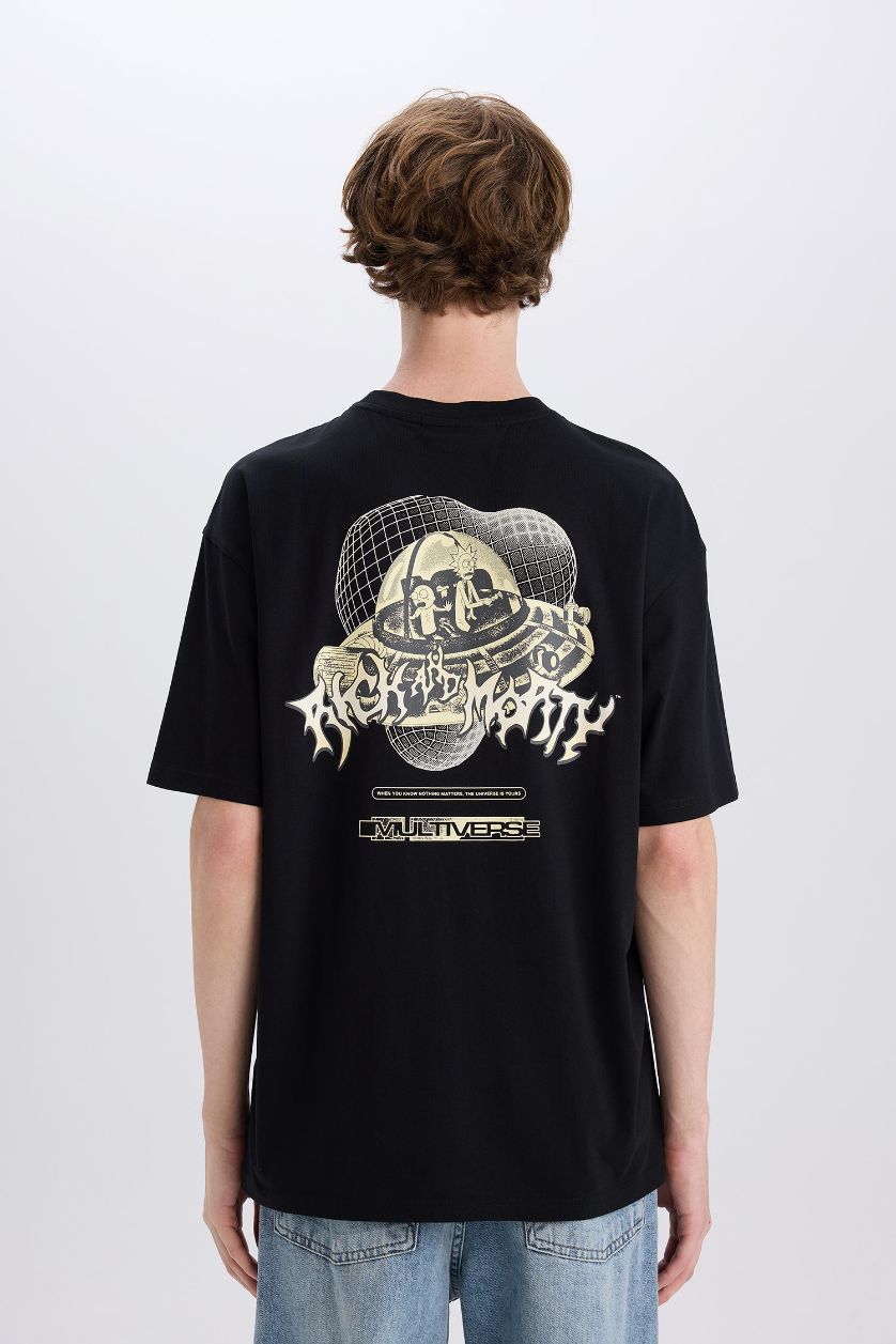 Erkek Siyah %100 Pamuk Rick and Morty Boxy Fit Bisiklet Yaka Sırt Baskılı Kısa Kollu Tişört