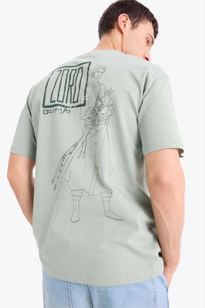 Erkek Açık Yeşil %100 Pamuk One Piece Boxy Fit Bisiklet Yaka Sırt Baskılı Kısa Kollu Tişört