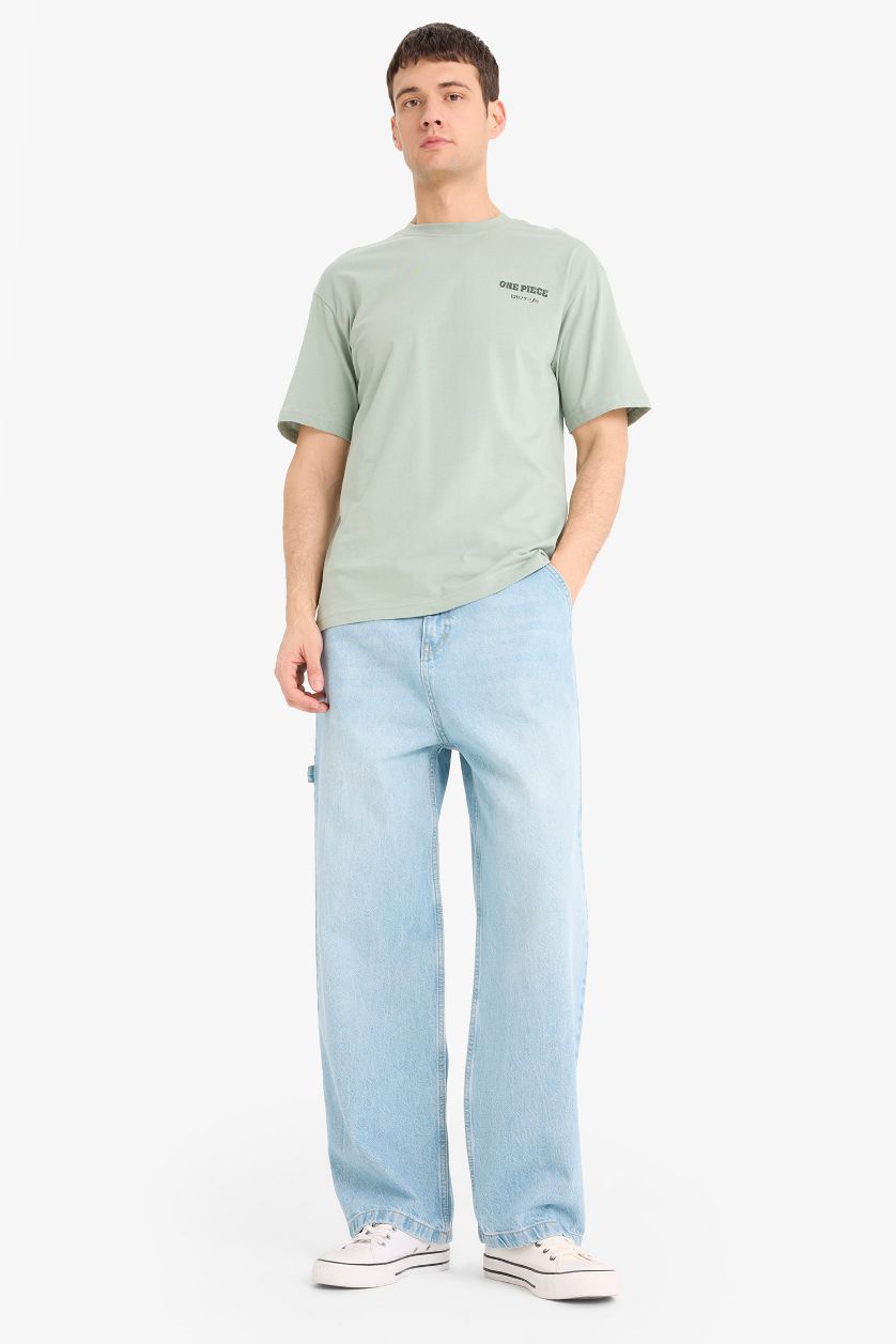 Erkek Açık Yeşil %100 Pamuk One Piece Boxy Fit Bisiklet Yaka Sırt Baskılı Kısa Kollu Tişört