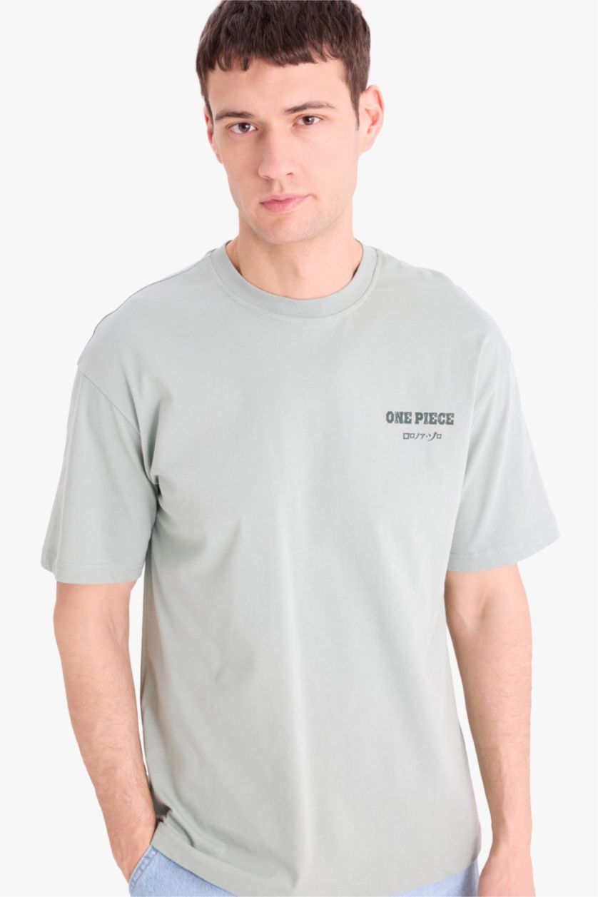 Erkek Açık Yeşil %100 Pamuk One Piece Boxy Fit Bisiklet Yaka Sırt Baskılı Kısa Kollu Tişört