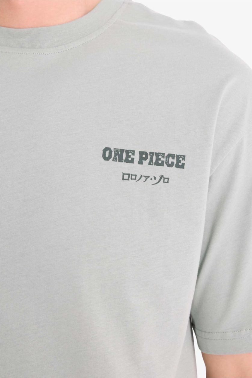 Erkek Açık Yeşil %100 Pamuk One Piece Boxy Fit Bisiklet Yaka Sırt Baskılı Kısa Kollu Tişört