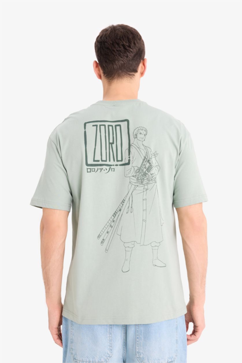 Erkek Açık Yeşil %100 Pamuk One Piece Boxy Fit Bisiklet Yaka Sırt Baskılı Kısa Kollu Tişört