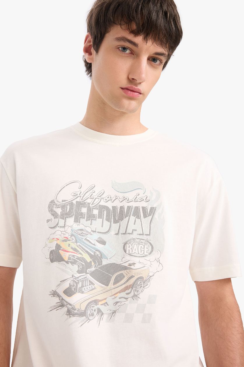 Erkek Ekru %100 Pamuk Hot Wheels Boxy Fit Bisiklet Yaka Kısa Kollu Tişört