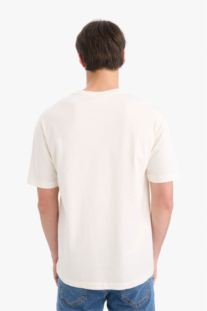 Erkek Ekru %100 Pamuk Hot Wheels Boxy Fit Bisiklet Yaka Kısa Kollu Tişört