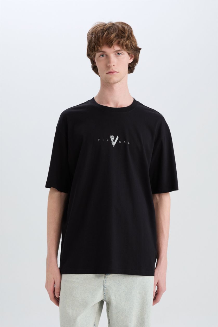 رجالي أسود تيشيرت قطن أوفر سايز مطبوع برقبة مستديرة