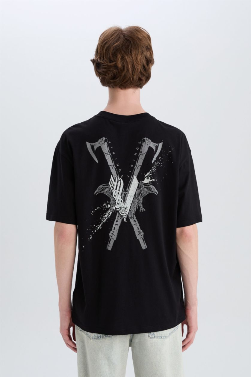 رجالي أسود تيشيرت قطن أوفر سايز مطبوع برقبة مستديرة