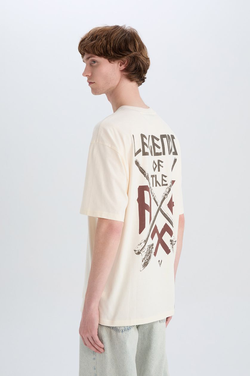 Erkek Taş %100 Pamuk Vikings Valhalla Boxy Fit Bisiklet Yaka Sırt Baskılı Kısa Kollu Tişört