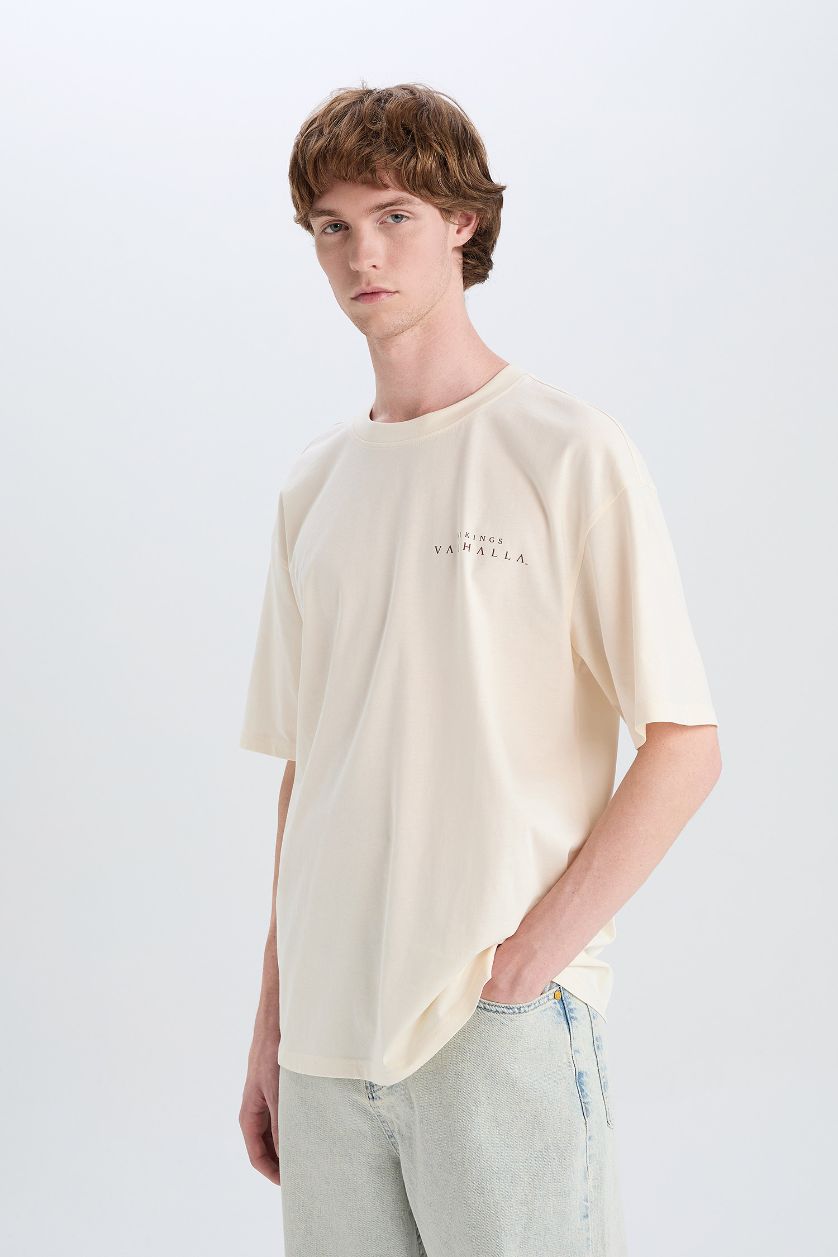 Erkek Taş %100 Pamuk Vikings Valhalla Boxy Fit Bisiklet Yaka Sırt Baskılı Kısa Kollu Tişört