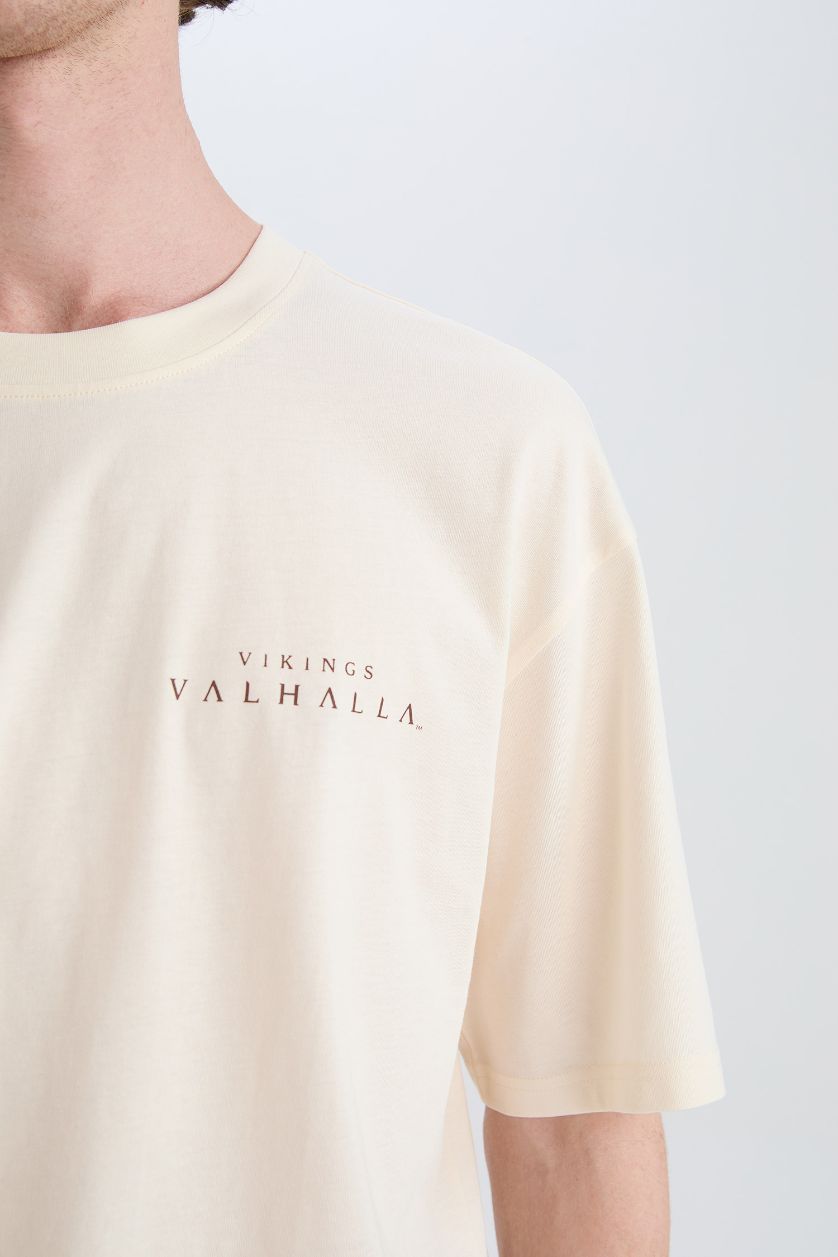 Erkek Taş %100 Pamuk Vikings Valhalla Boxy Fit Bisiklet Yaka Sırt Baskılı Kısa Kollu Tişört