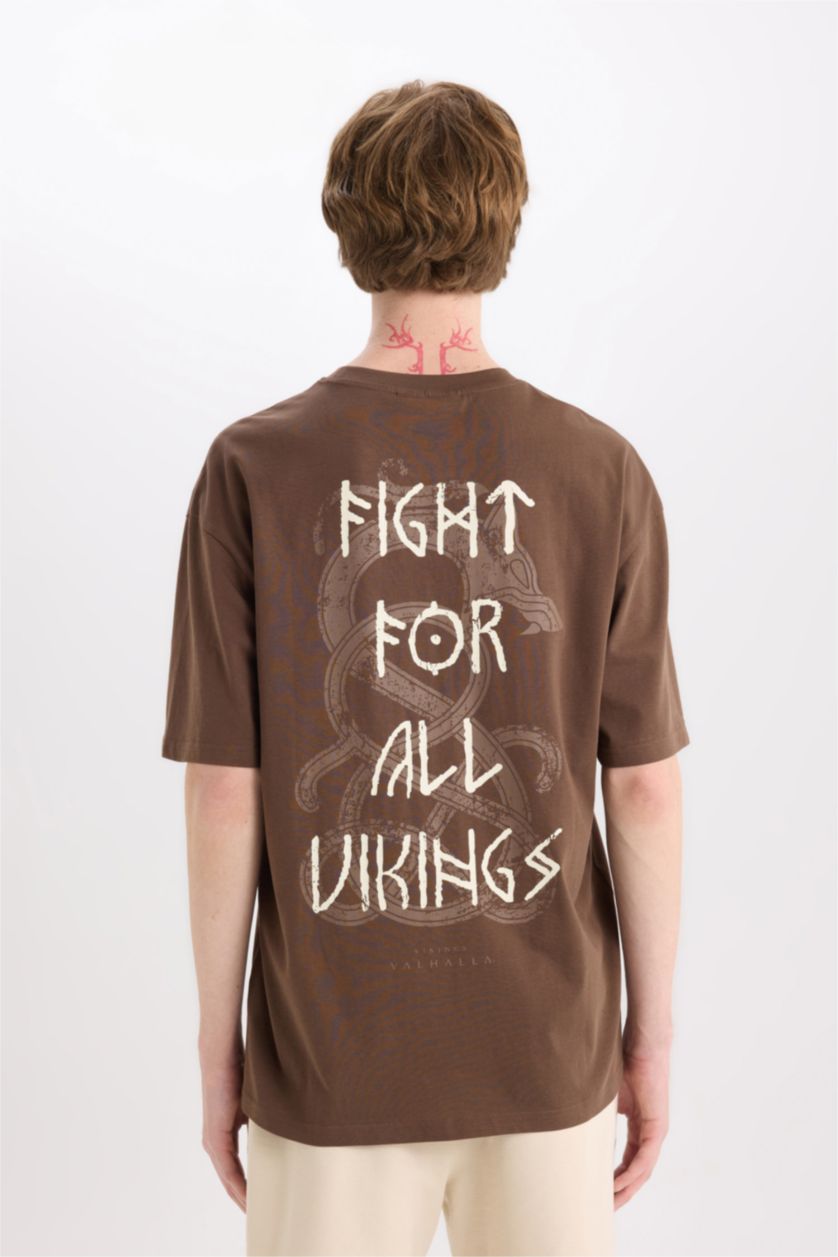 Erkek Kahve %100 Pamuk Vikings Valhalla Boxy Fit Bisiklet Yaka Sırt Baskılı Kısa Kollu Tişört