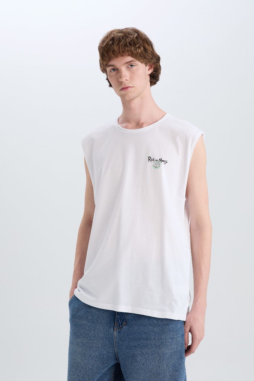 Erkek Beyaz %100 Pamuk Rick and Morty Boxy Fit Bisiklet Yaka Sırt Baskılı Atlet