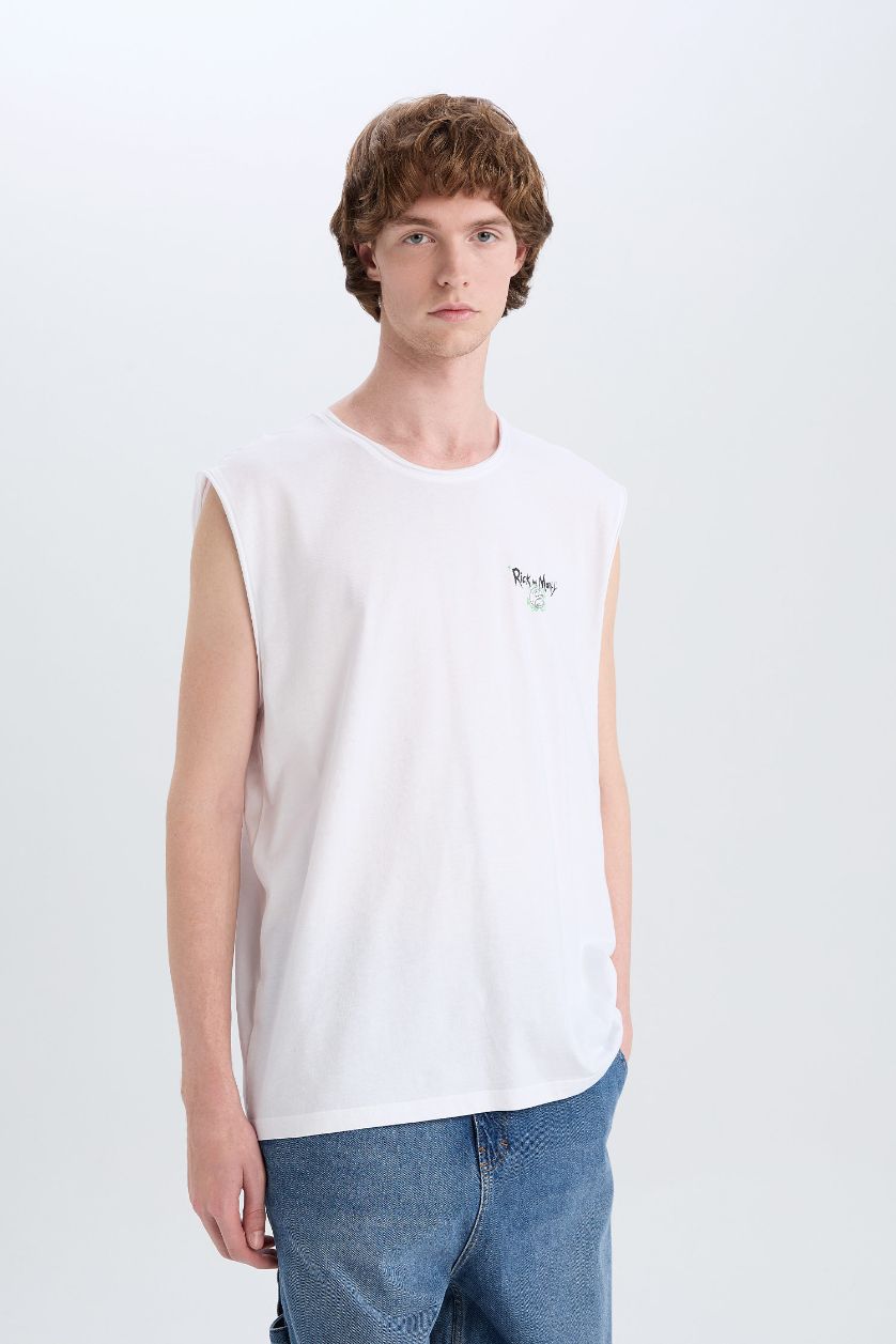 Erkek Beyaz %100 Pamuk Rick and Morty Boxy Fit Bisiklet Yaka Sırt Baskılı Atlet