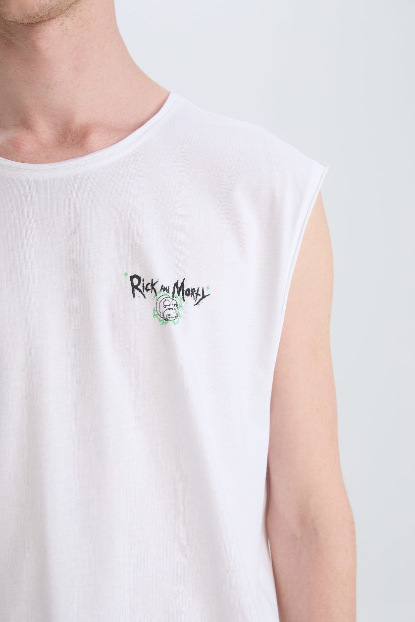 Erkek Beyaz %100 Pamuk Rick and Morty Boxy Fit Bisiklet Yaka Sırt Baskılı Atlet