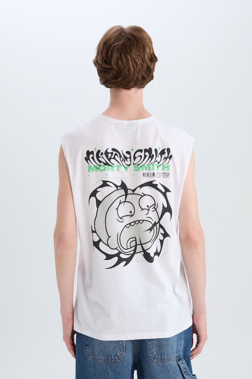 Erkek Beyaz %100 Pamuk Rick and Morty Boxy Fit Bisiklet Yaka Sırt Baskılı Atlet