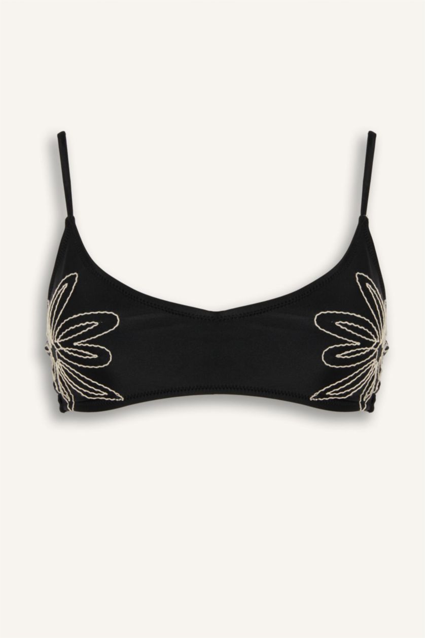 Women Black Regular Fit Embroidered Bikini Top