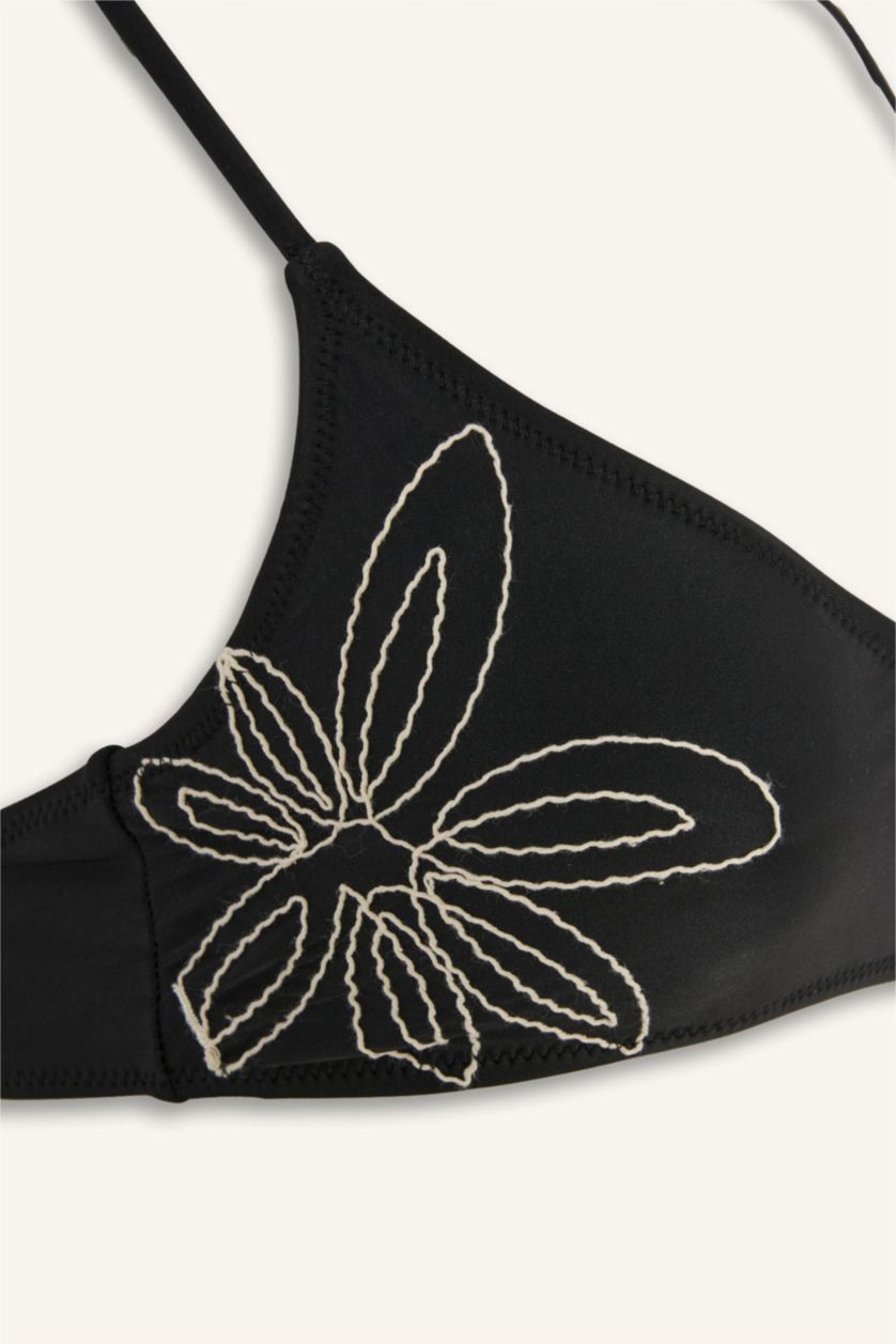 Women Black Regular Fit Embroidered Bikini Top