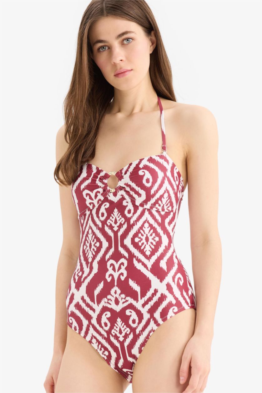 Kadın Bordo Etnik Desenli Boyundan Askılı Mayo