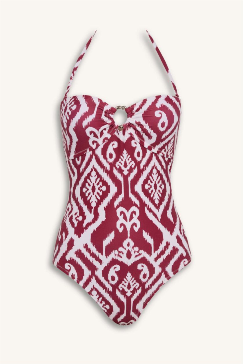 Kadın Bordo Etnik Desenli Boyundan Askılı Mayo