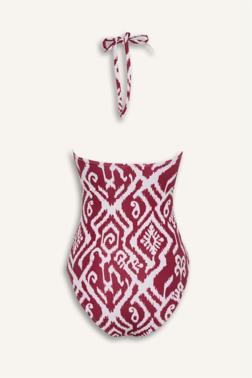 Kadın Bordo Etnik Desenli Boyundan Askılı Mayo