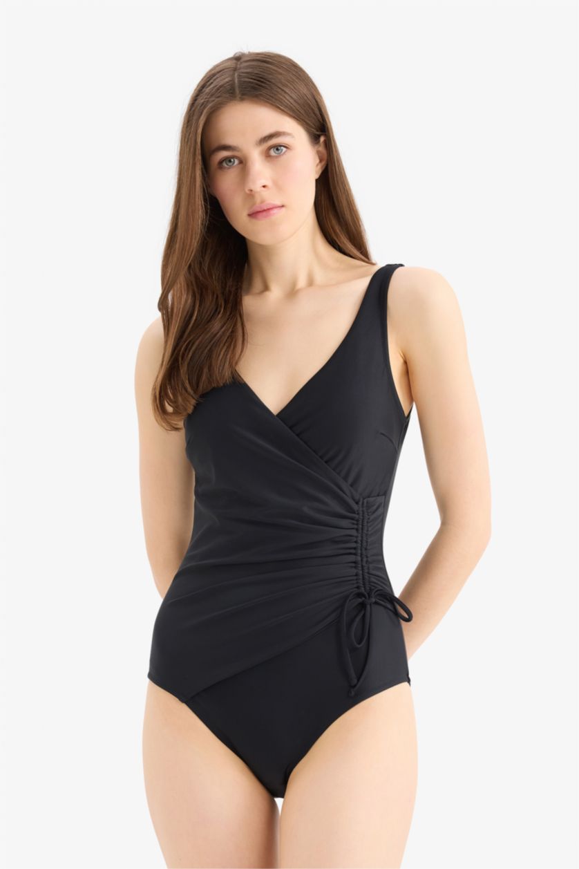 Kadın Siyah Regular Fit Drapeli Mayo-Fall in Love