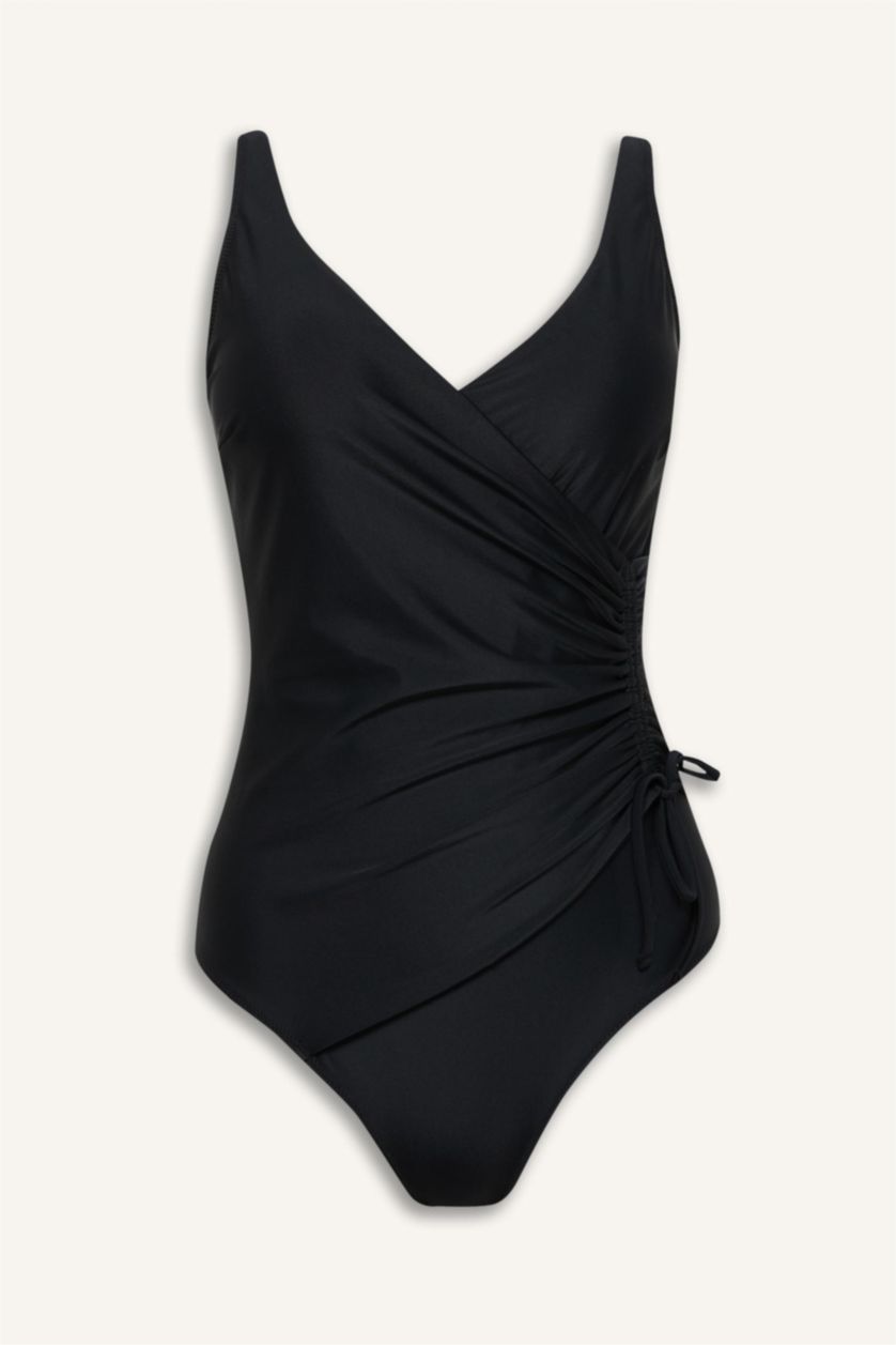 Kadın Siyah Regular Fit Drapeli Mayo-Fall in Love