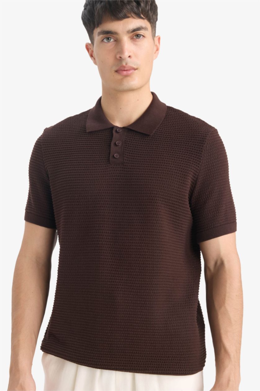 MAN Brown Standard Fit Knitwear Short Sleeve Polo T-Shirt