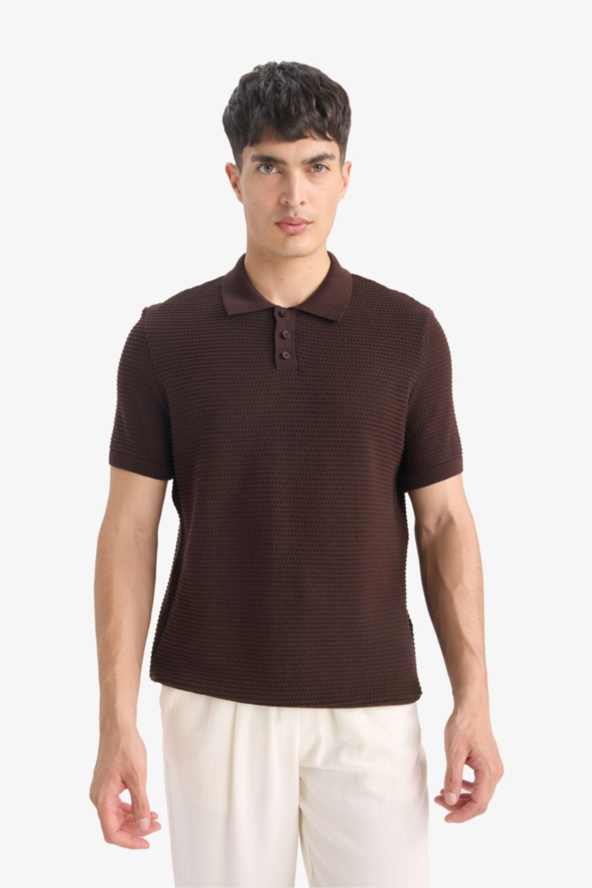 MAN Brown Standard Fit Knitwear Short Sleeve Polo T-Shirt