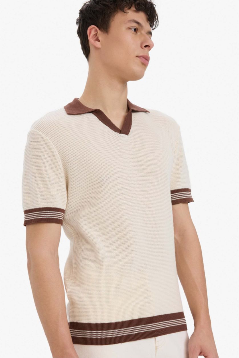 رجال بيج فاتح Standard Fit Knitwear Short Sleeve Polo T-Shirt