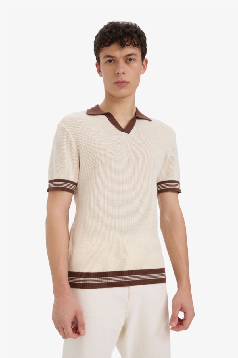 رجال بيج فاتح Standard Fit Knitwear Short Sleeve Polo T-Shirt