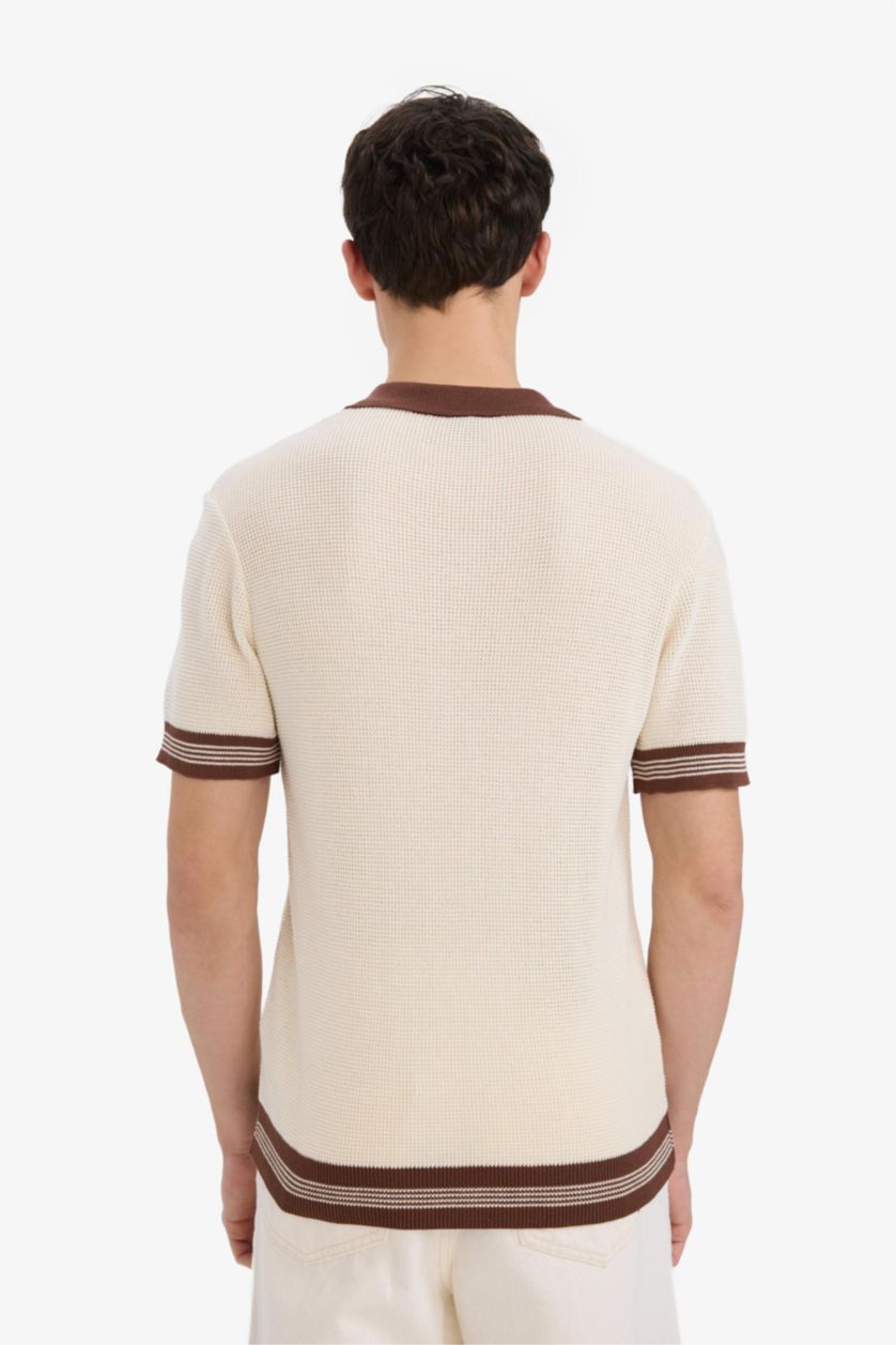 رجال بيج فاتح Standard Fit Knitwear Short Sleeve Polo T-Shirt