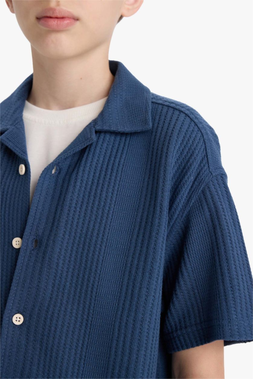 Erkek Çocuk - Genç Erkek İndigo Oversize Geniş Kalıp Polo Yaka Kısa Kollu Gömlek Erkek Çocuk