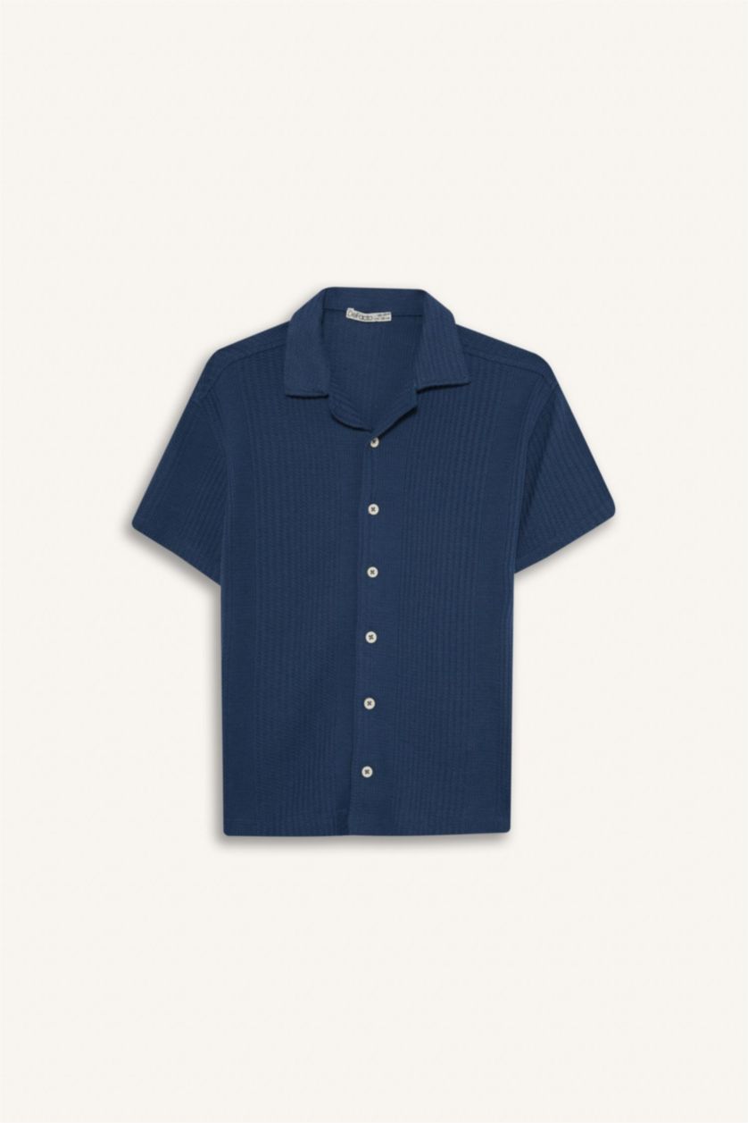 Erkek Çocuk - Genç Erkek İndigo Oversize Geniş Kalıp Polo Yaka Kısa Kollu Gömlek Erkek Çocuk