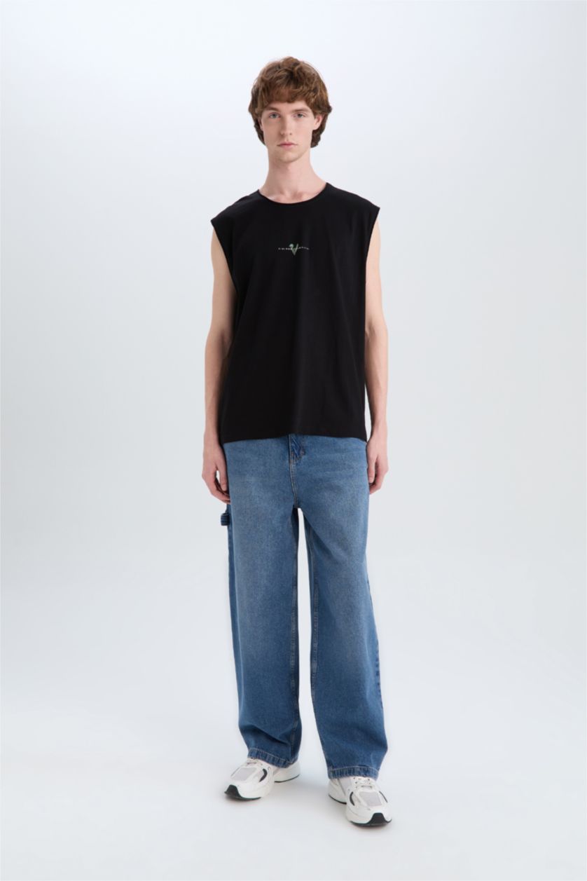 Erkek Siyah %100 Pamuk Vikings Valhalla Boxy Fit Bisiklet Yaka Sırt Baskılı Atlet