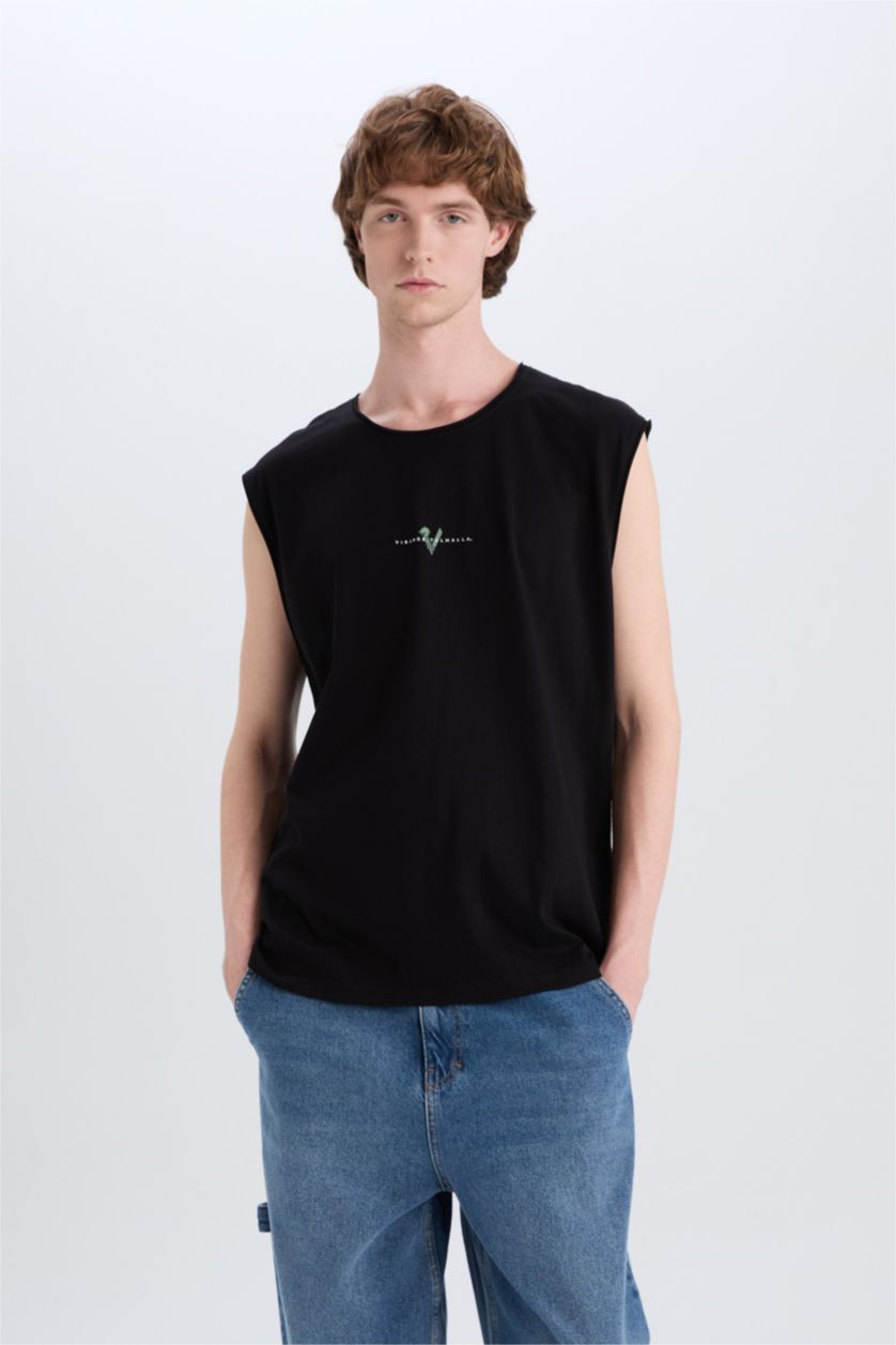 Erkek Siyah %100 Pamuk Vikings Valhalla Boxy Fit Bisiklet Yaka Sırt Baskılı Atlet