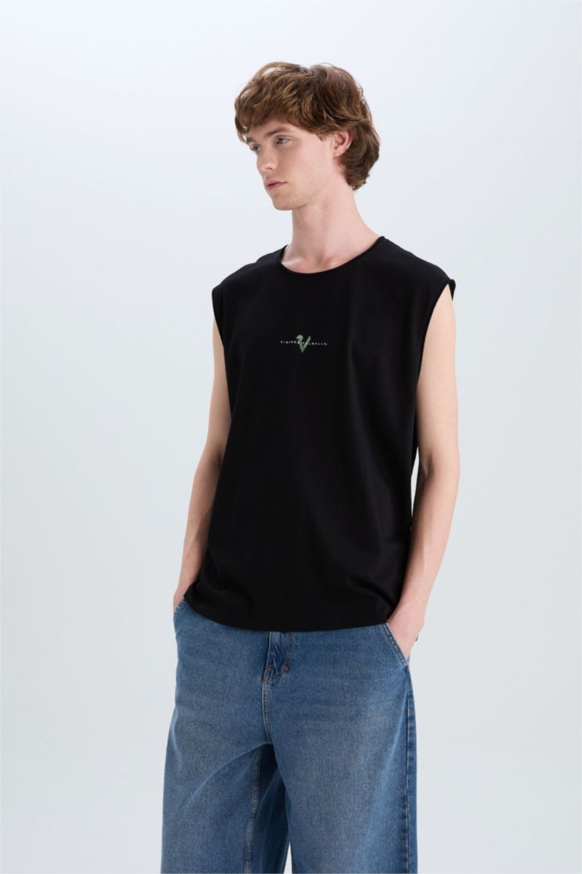 Erkek Siyah %100 Pamuk Vikings Valhalla Boxy Fit Bisiklet Yaka Sırt Baskılı Atlet