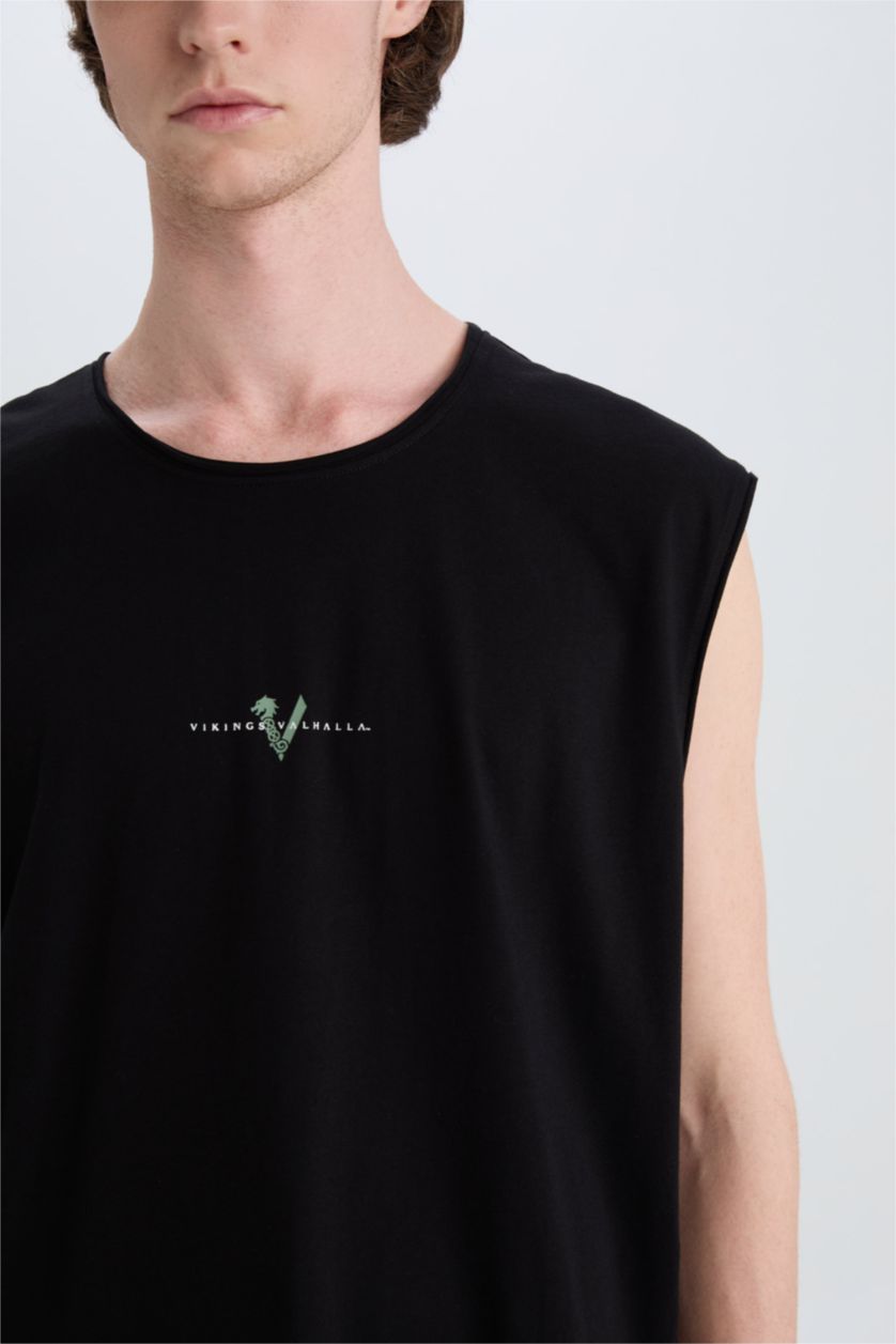 Erkek Siyah %100 Pamuk Vikings Valhalla Boxy Fit Bisiklet Yaka Sırt Baskılı Atlet