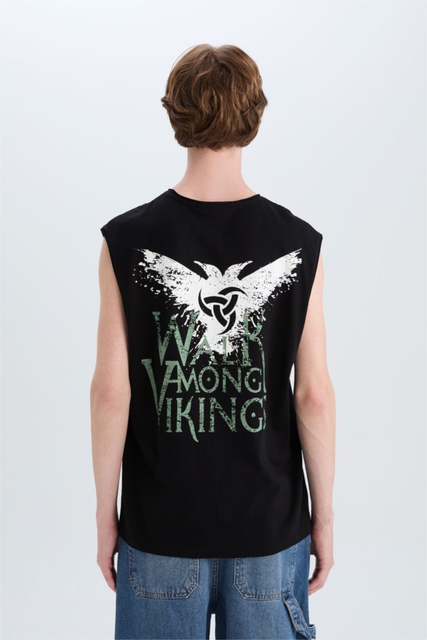 Erkek Siyah %100 Pamuk Vikings Valhalla Boxy Fit Bisiklet Yaka Sırt Baskılı Atlet