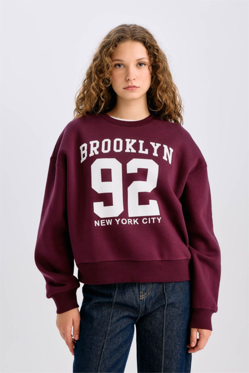 Kadın Bordo Loose Fit Bisiklet Yaka Baskılı Kalın Sweatshirt