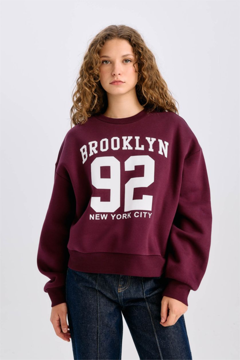 Kadın Bordo Loose Fit Bisiklet Yaka Baskılı Kalın Sweatshirt
