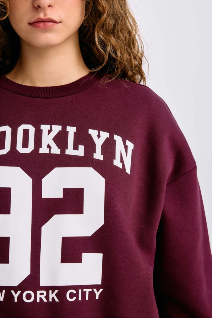 Kadın Bordo Loose Fit Bisiklet Yaka Baskılı Kalın Sweatshirt