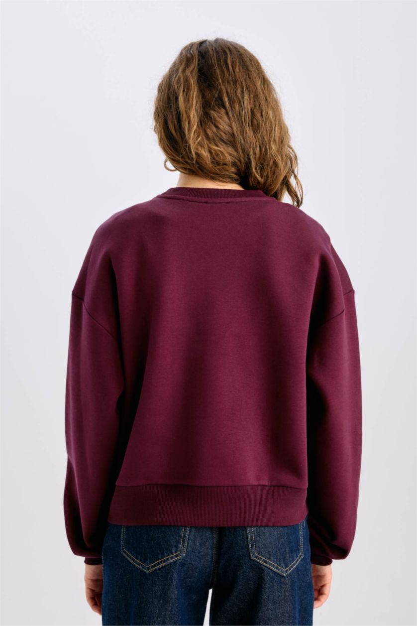 Kadın Bordo Loose Fit Bisiklet Yaka Baskılı Kalın Sweatshirt