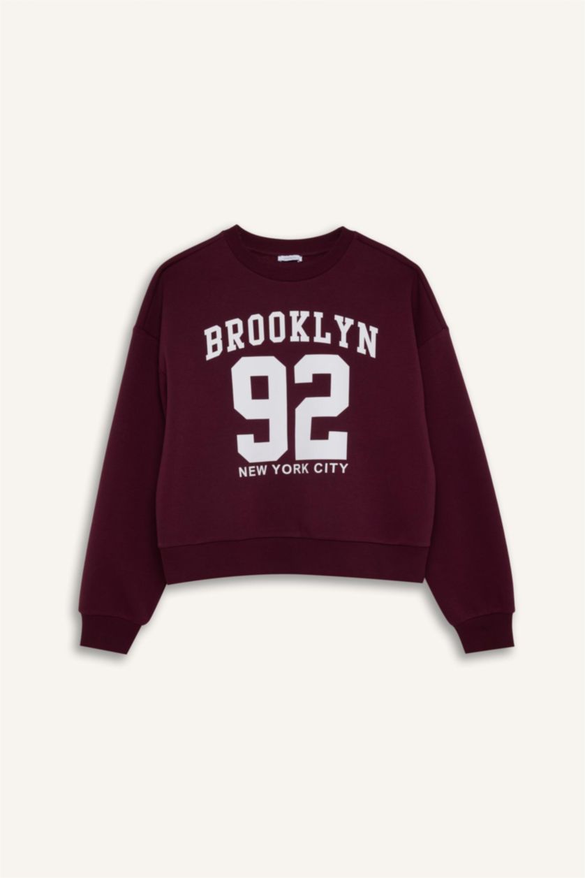 Kadın Bordo Loose Fit Bisiklet Yaka Baskılı Kalın Sweatshirt