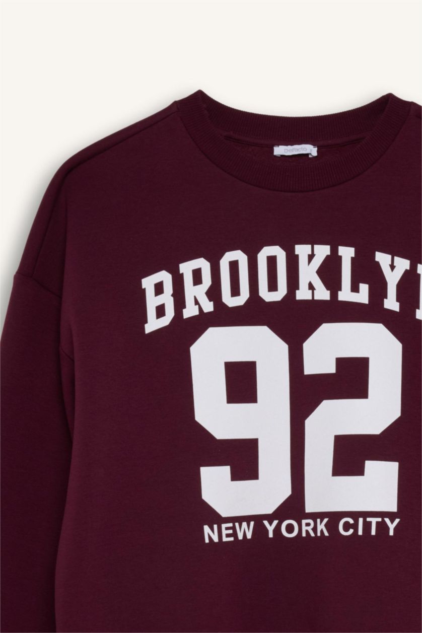 Kadın Bordo Loose Fit Bisiklet Yaka Baskılı Kalın Sweatshirt
