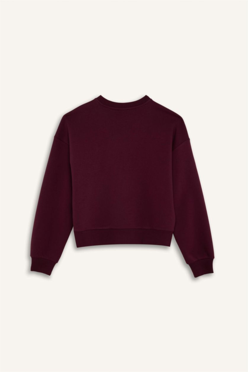 Kadın Bordo Loose Fit Bisiklet Yaka Baskılı Kalın Sweatshirt
