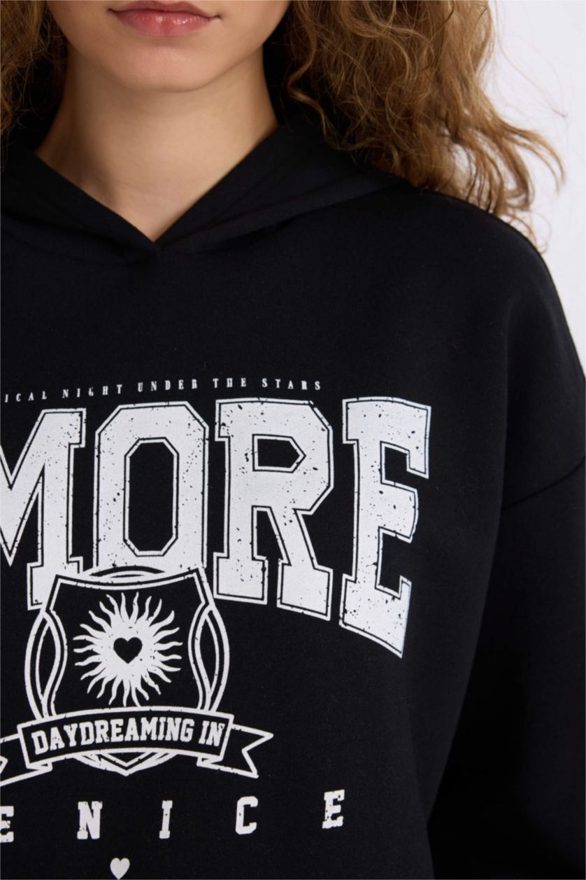 Kadın Siyah Loose Fit Kapüşonlu Baskılı Kalın Sweatshirt