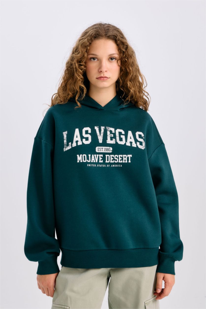 Kadın Açık Yeşil Regular Fit Kapüşonlu Baskılı Kalın Sweatshirt