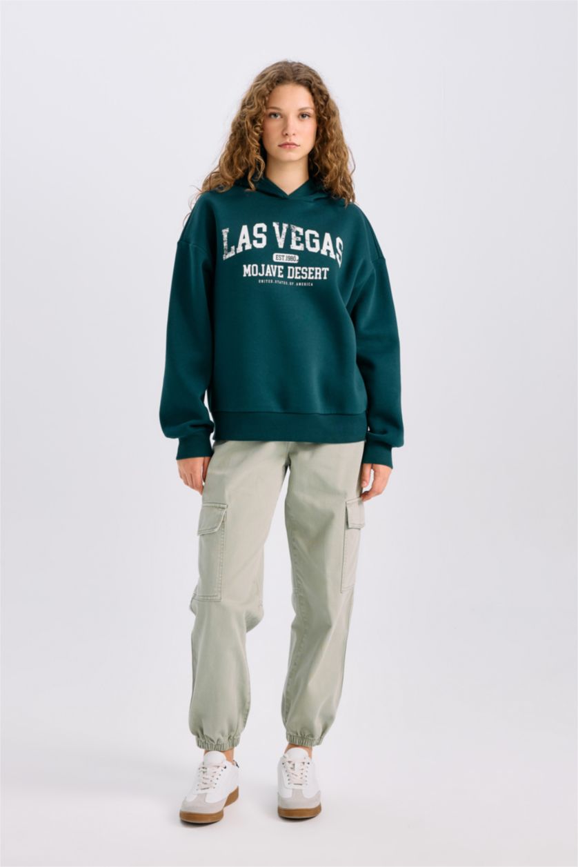 Kadın Açık Yeşil Regular Fit Kapüşonlu Baskılı Kalın Sweatshirt