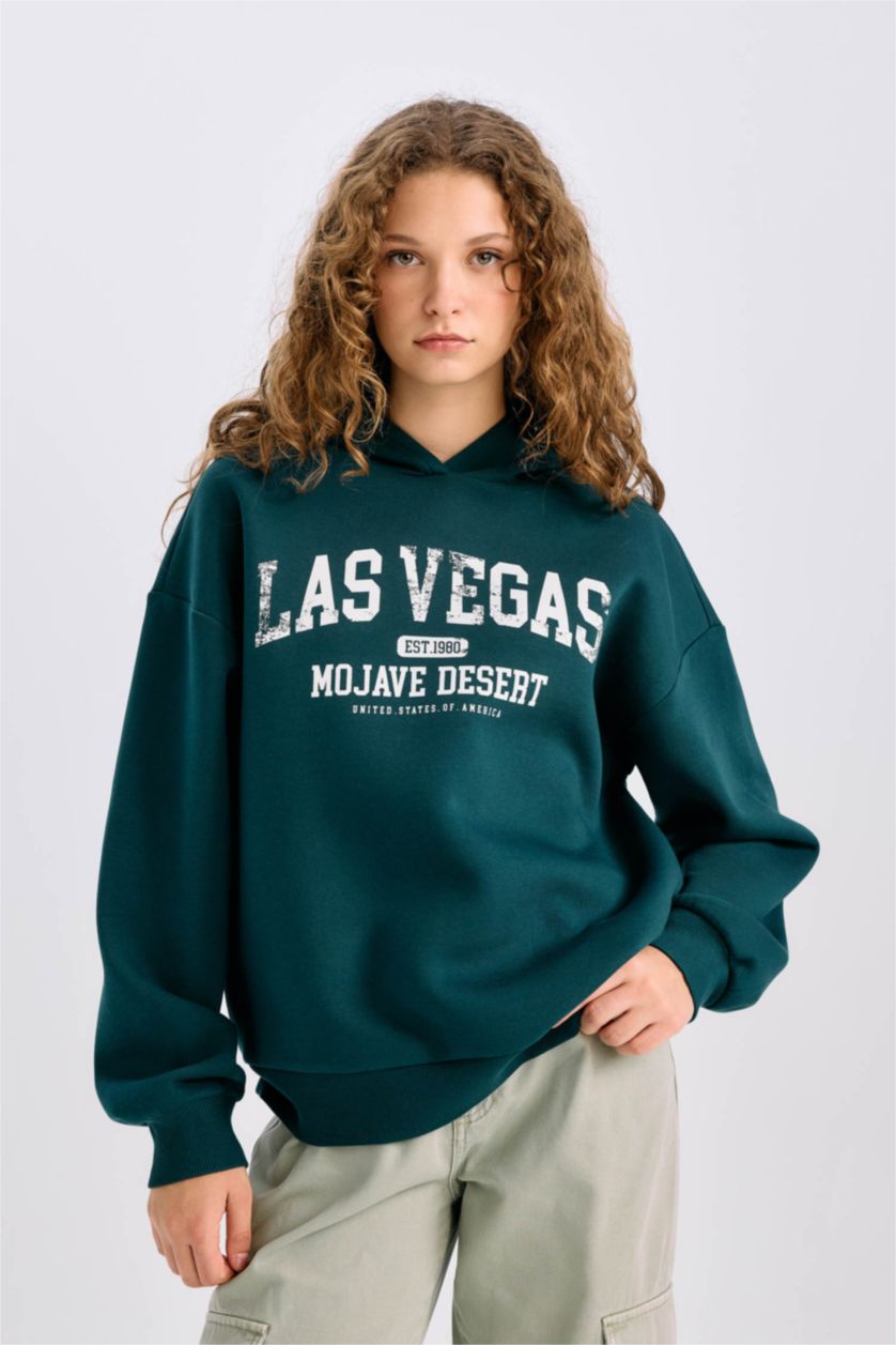 Kadın Açık Yeşil Regular Fit Kapüşonlu Baskılı Kalın Sweatshirt