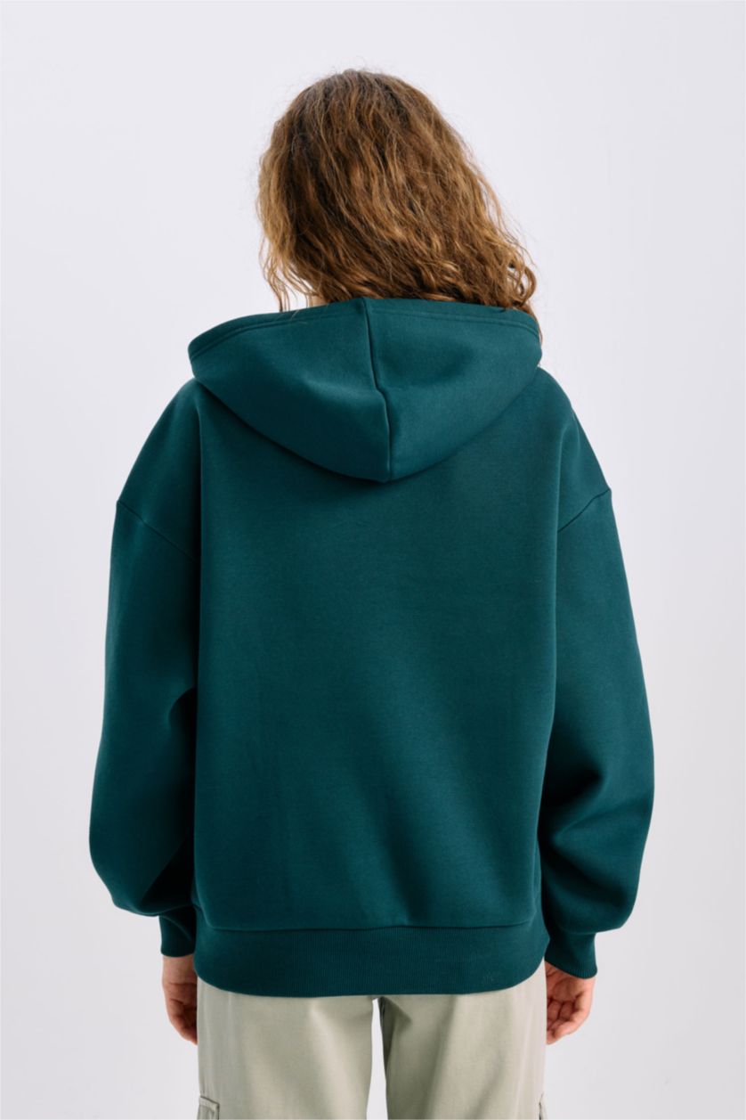 Kadın Açık Yeşil Regular Fit Kapüşonlu Baskılı Kalın Sweatshirt